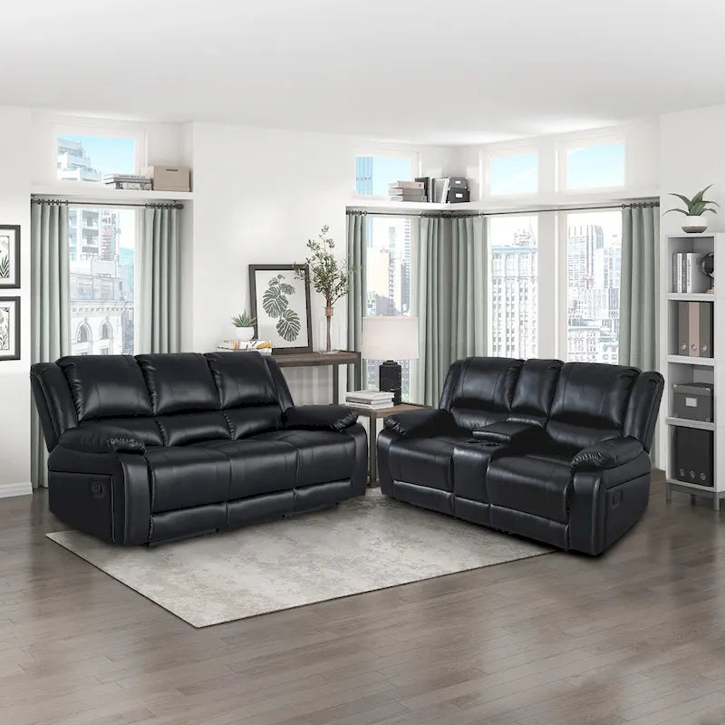 2-Piece Classic Faux Leather Reclining Sofa Set with Console and Cup Holders for Living Room 22