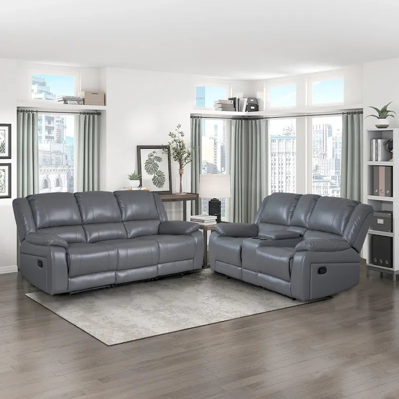 2-Piece Classic Faux Leather Reclining Sofa Set with Console and Cup Holders for Living Room 23