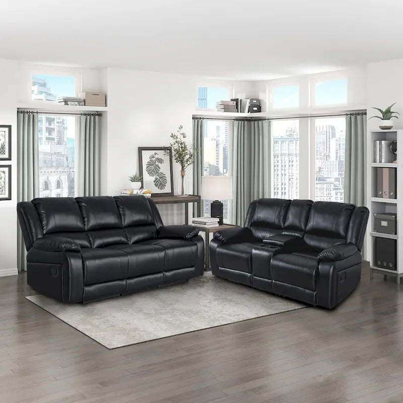 2-Piece Classic Faux Leather Reclining Sofa Set with Console and Cup Holders for Living Room 1
