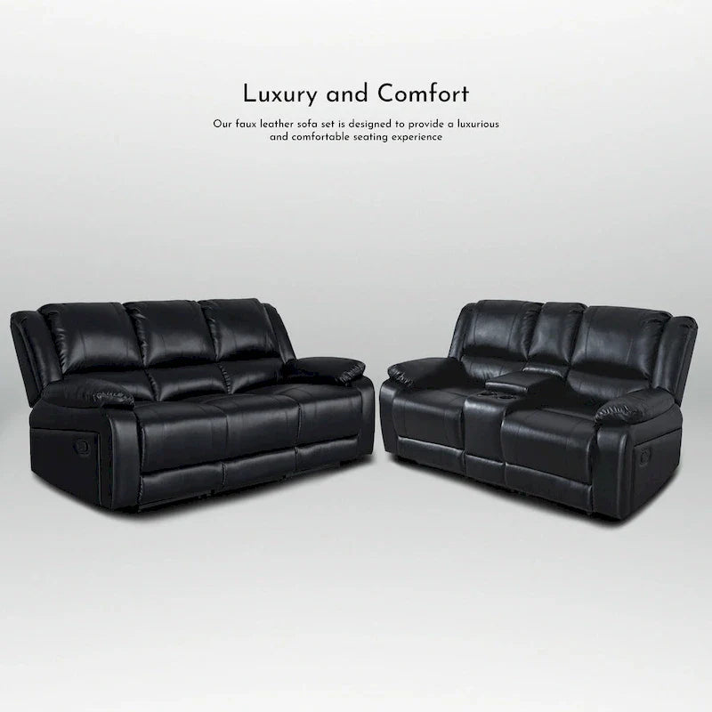 2-Piece Classic Faux Leather Reclining Sofa Set with Console and Cup Holders for Living Room 2