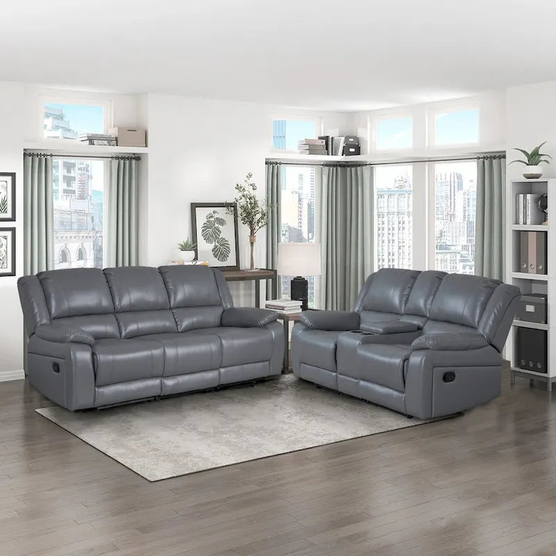2-Piece Classic Faux Leather Reclining Sofa Set with Console and Cup Holders for Living Room 7