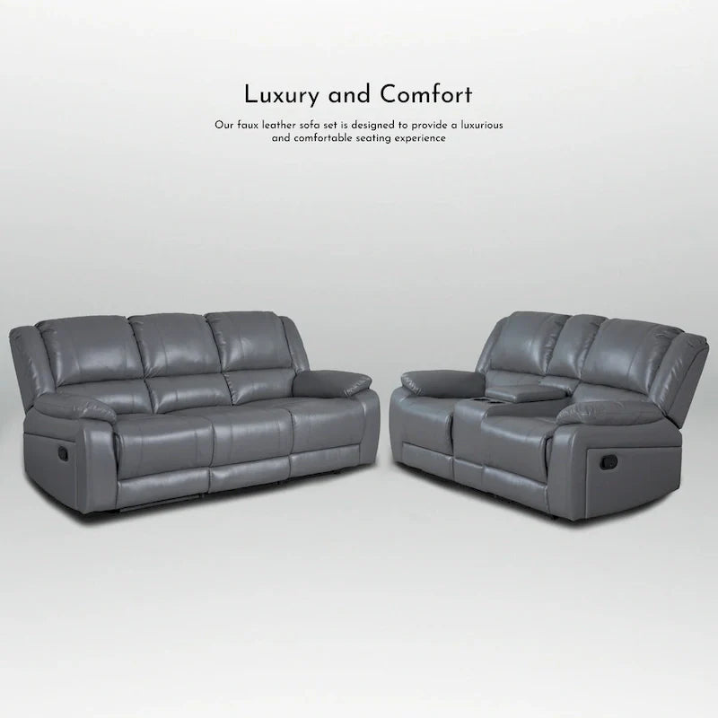 2-Piece Classic Faux Leather Reclining Sofa Set with Console and Cup Holders for Living Room 16