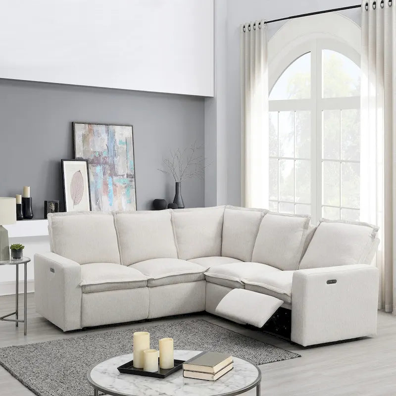 Linen Upholstered Power Recliner L-Shaped Sectional Sofa with USB Port - Soft Home Theater Seating for Living Room 19