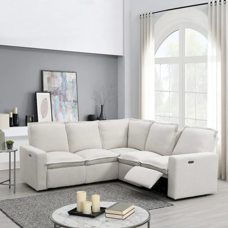 Linen Upholstered Power Recliner L-Shaped Sectional Sofa with USB Port - Soft Home Theater Seating for Living Room 1