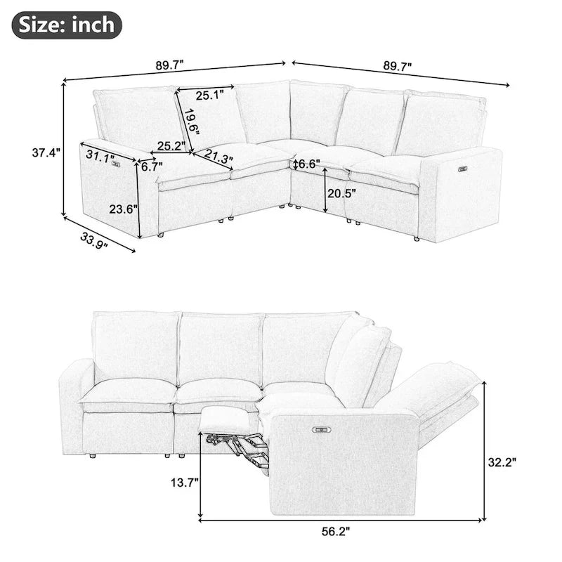 Linen Upholstered Power Recliner L-Shaped Sectional Sofa with USB Port - Soft Home Theater Seating for Living Room 2