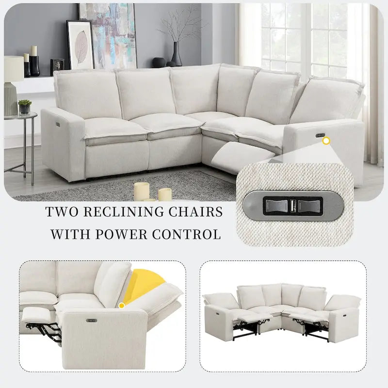 Linen Upholstered Power Recliner L-Shaped Sectional Sofa with USB Port - Soft Home Theater Seating for Living Room 3