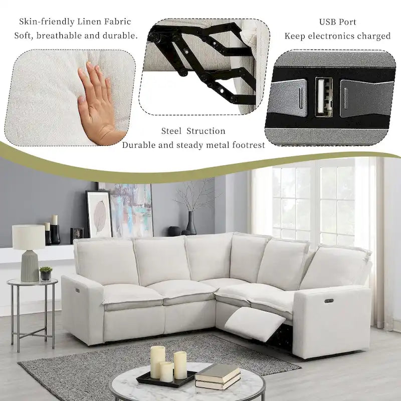 Linen Upholstered Power Recliner L-Shaped Sectional Sofa with USB Port - Soft Home Theater Seating for Living Room 4