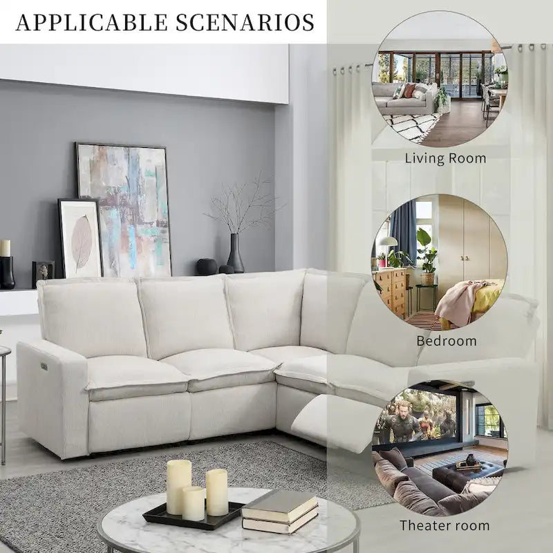 Linen Upholstered Power Recliner L-Shaped Sectional Sofa with USB Port - Soft Home Theater Seating for Living Room 6