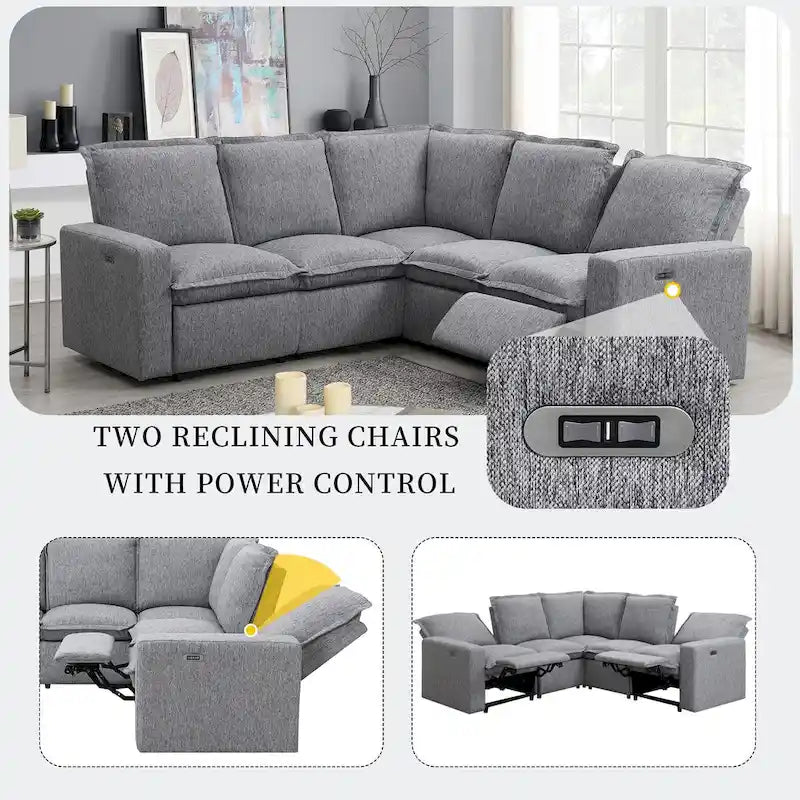 Linen Upholstered Power Recliner L-Shaped Sectional Sofa with USB Port - Soft Home Theater Seating for Living Room 12