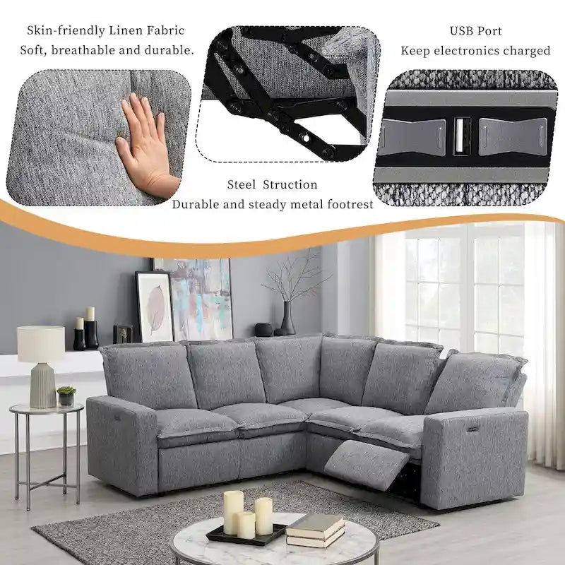 Linen Upholstered Power Recliner L-Shaped Sectional Sofa with USB Port - Soft Home Theater Seating for Living Room 13