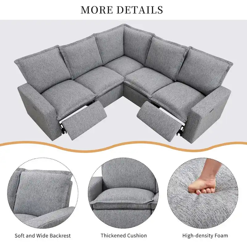 Linen Upholstered Power Recliner L-Shaped Sectional Sofa with USB Port - Soft Home Theater Seating for Living Room 14