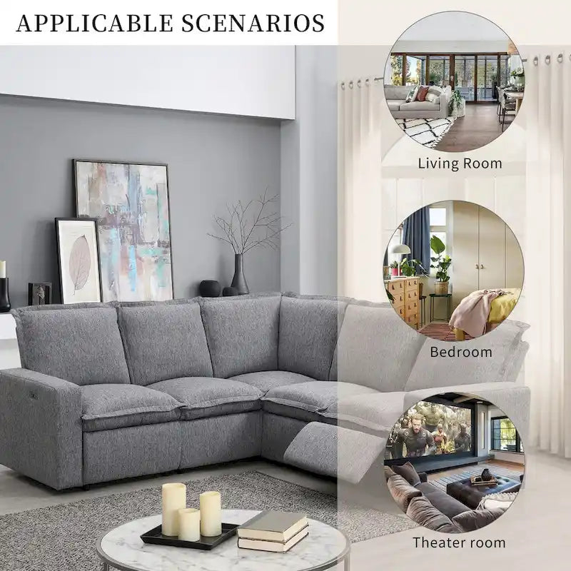 Linen Upholstered Power Recliner L-Shaped Sectional Sofa with USB Port - Soft Home Theater Seating for Living Room 15