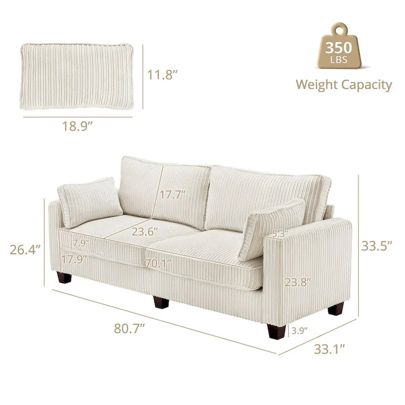 LUE BONA 81 Contemporary Corduroy 3-Seater Sofa - Upholstered Polyester Rectangle Design with Wooden Base for Living Room 5