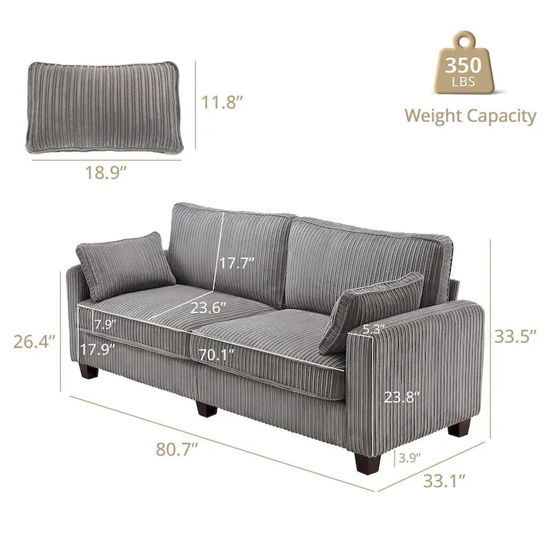 LUE BONA 81 Contemporary Corduroy 3-Seater Sofa - Upholstered Polyester Rectangle Design with Wooden Base for Living Room 29