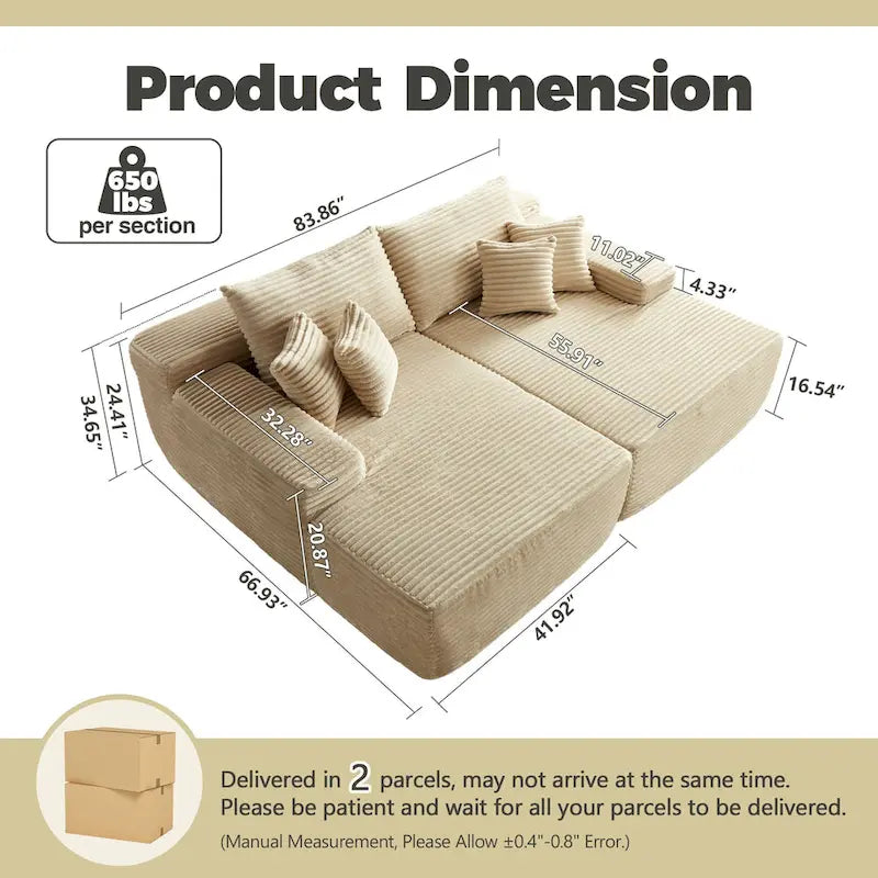 HOOOWOOO Modular Plush Corduroy Sectional Sofa with Cushions 9