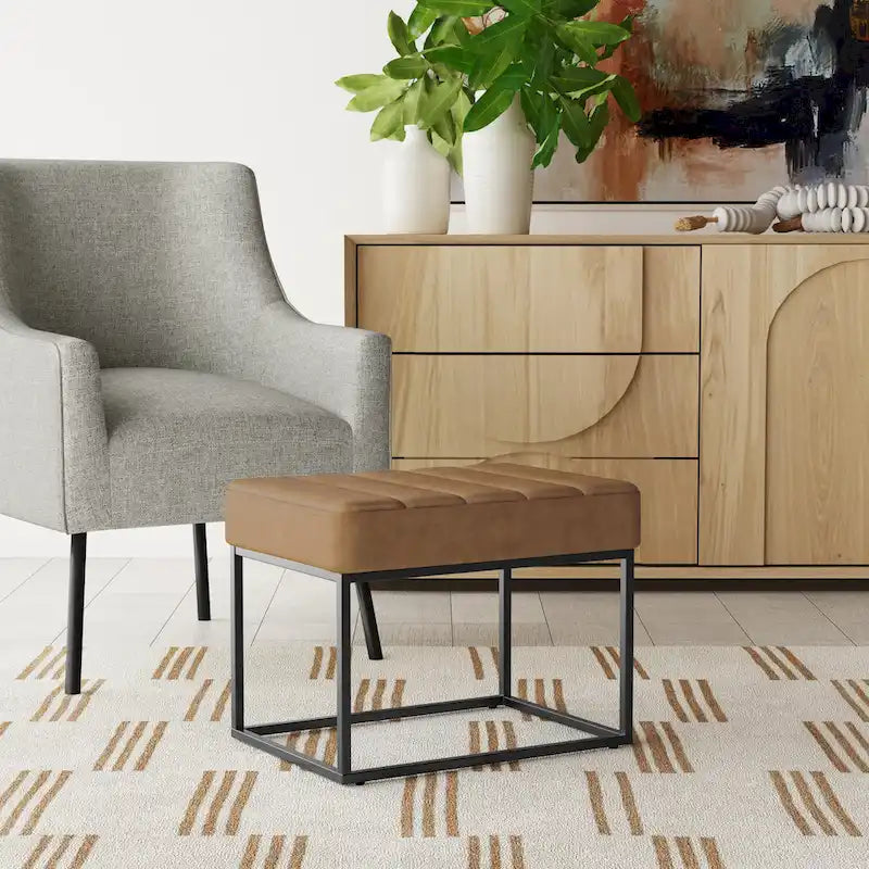 Upholstered Ottoman with Tufted Cushion and Metal Frame 1