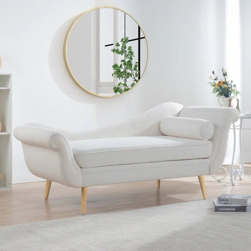 Upholstered Indoor Chaise Lounge Chair with Scroll Arms, Reclining Feature, Rolled Accent Pillow, and Sturdy Solid Wood Legs 30