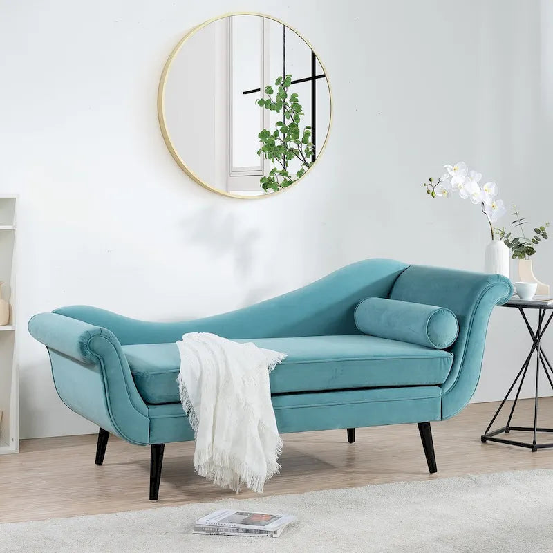 Upholstered Indoor Chaise Lounge Chair with Scroll Arms, Reclining Feature, Rolled Accent Pillow, and Sturdy Solid Wood Legs 1