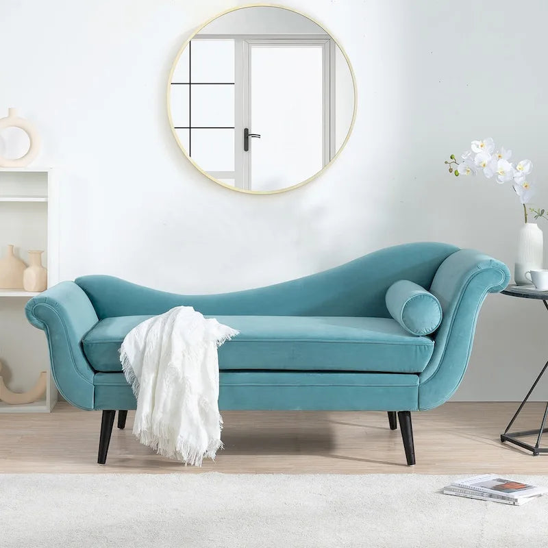 Upholstered Indoor Chaise Lounge Chair with Scroll Arms, Reclining Feature, Rolled Accent Pillow, and Sturdy Solid Wood Legs 2