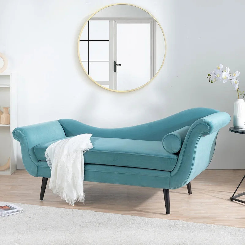 Upholstered Indoor Chaise Lounge Chair with Scroll Arms, Reclining Feature, Rolled Accent Pillow, and Sturdy Solid Wood Legs 3