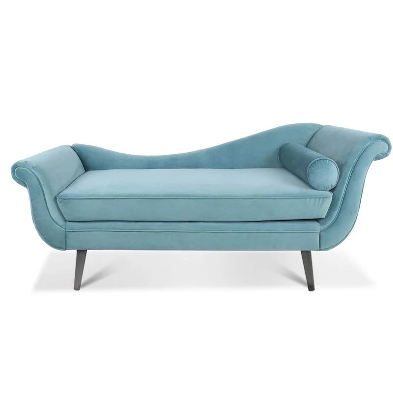 Upholstered Indoor Chaise Lounge Chair with Scroll Arms, Reclining Feature, Rolled Accent Pillow, and Sturdy Solid Wood Legs 4