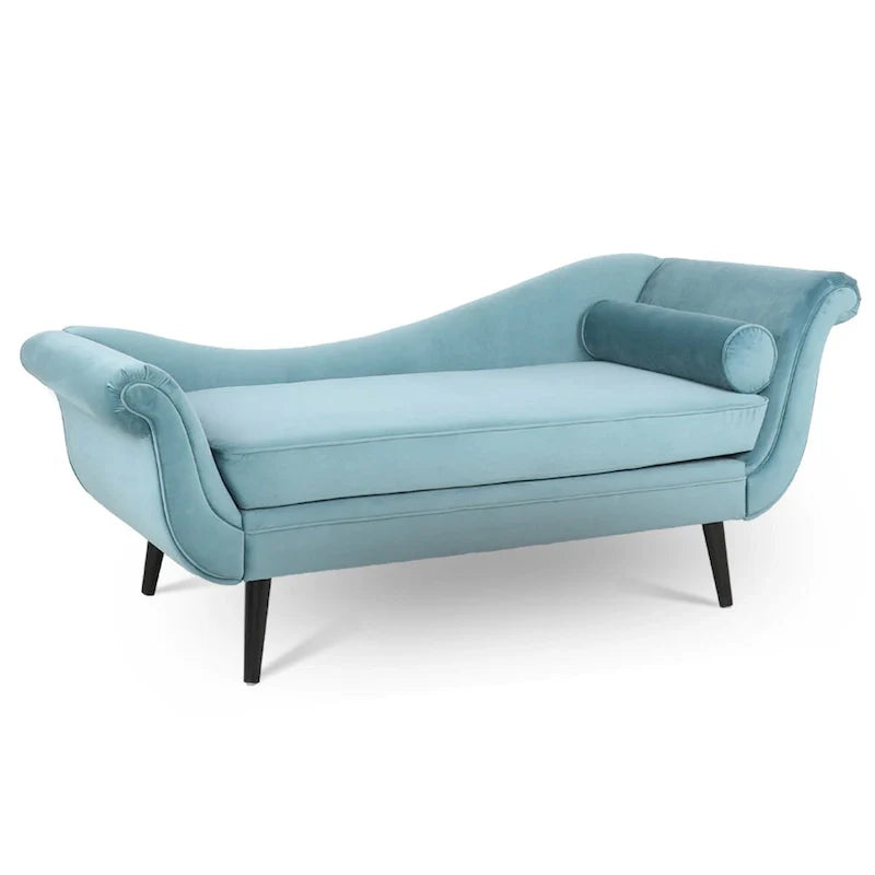 Upholstered Indoor Chaise Lounge Chair with Scroll Arms, Reclining Feature, Rolled Accent Pillow, and Sturdy Solid Wood Legs 5