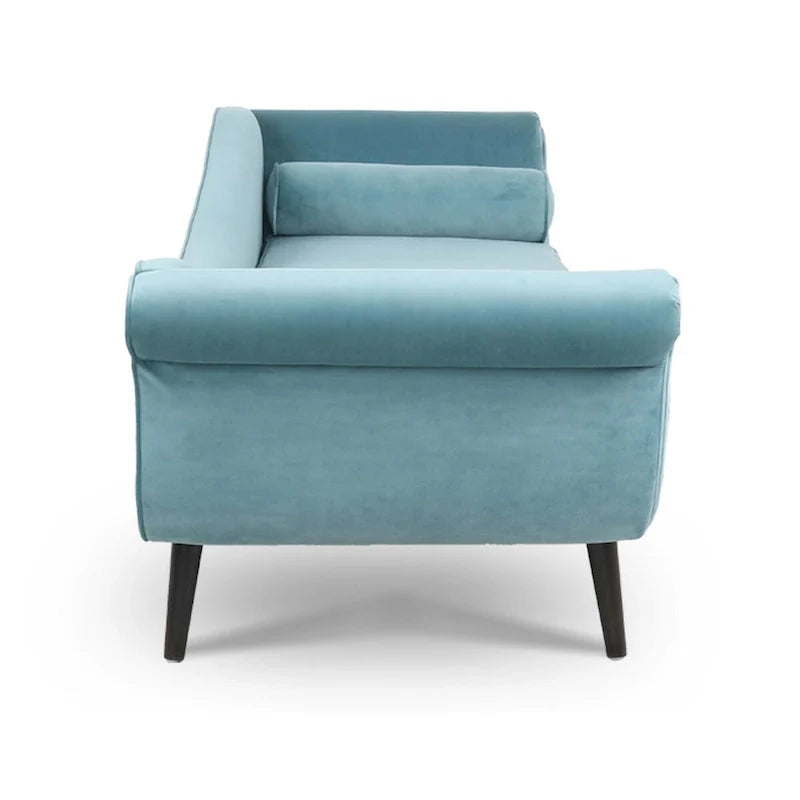 Upholstered Indoor Chaise Lounge Chair with Scroll Arms, Reclining Feature, Rolled Accent Pillow, and Sturdy Solid Wood Legs 6