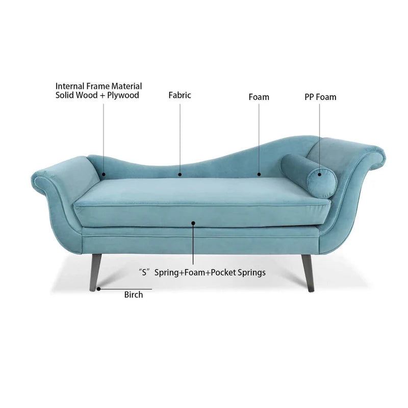 Upholstered Indoor Chaise Lounge Chair with Scroll Arms, Reclining Feature, Rolled Accent Pillow, and Sturdy Solid Wood Legs 9