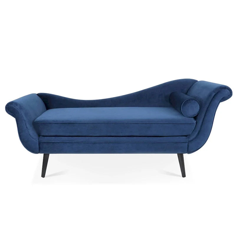 Upholstered Indoor Chaise Lounge Chair with Scroll Arms, Reclining Feature, Rolled Accent Pillow, and Sturdy Solid Wood Legs 14
