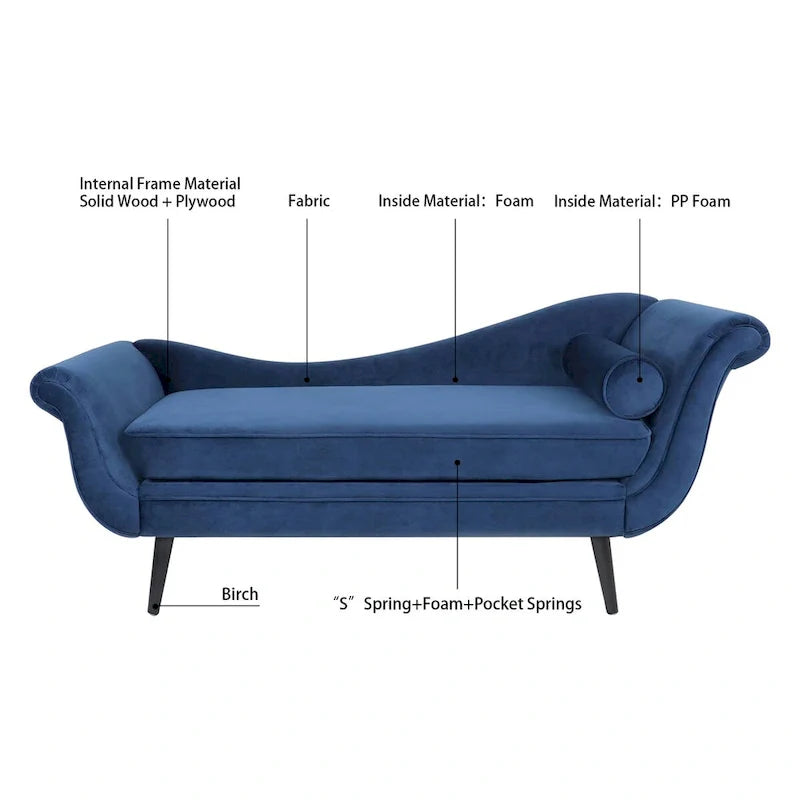 Upholstered Indoor Chaise Lounge Chair with Scroll Arms, Reclining Feature, Rolled Accent Pillow, and Sturdy Solid Wood Legs 18