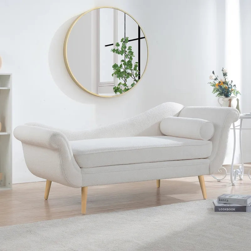 Upholstered Indoor Chaise Lounge Chair with Scroll Arms, Reclining Feature, Rolled Accent Pillow, and Sturdy Solid Wood Legs 19