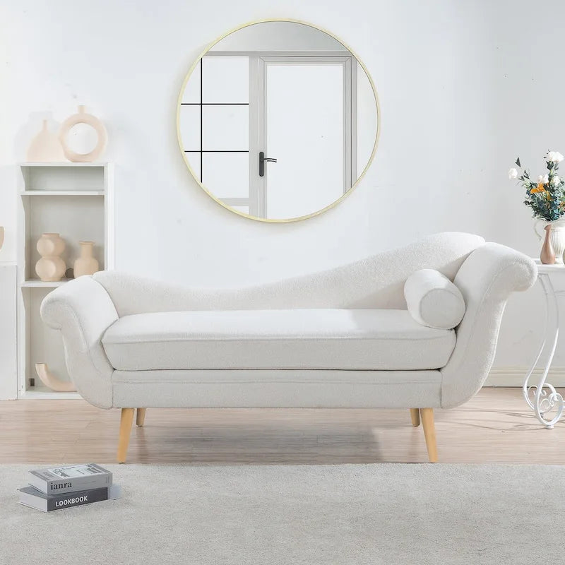 Upholstered Indoor Chaise Lounge Chair with Scroll Arms, Reclining Feature, Rolled Accent Pillow, and Sturdy Solid Wood Legs 20