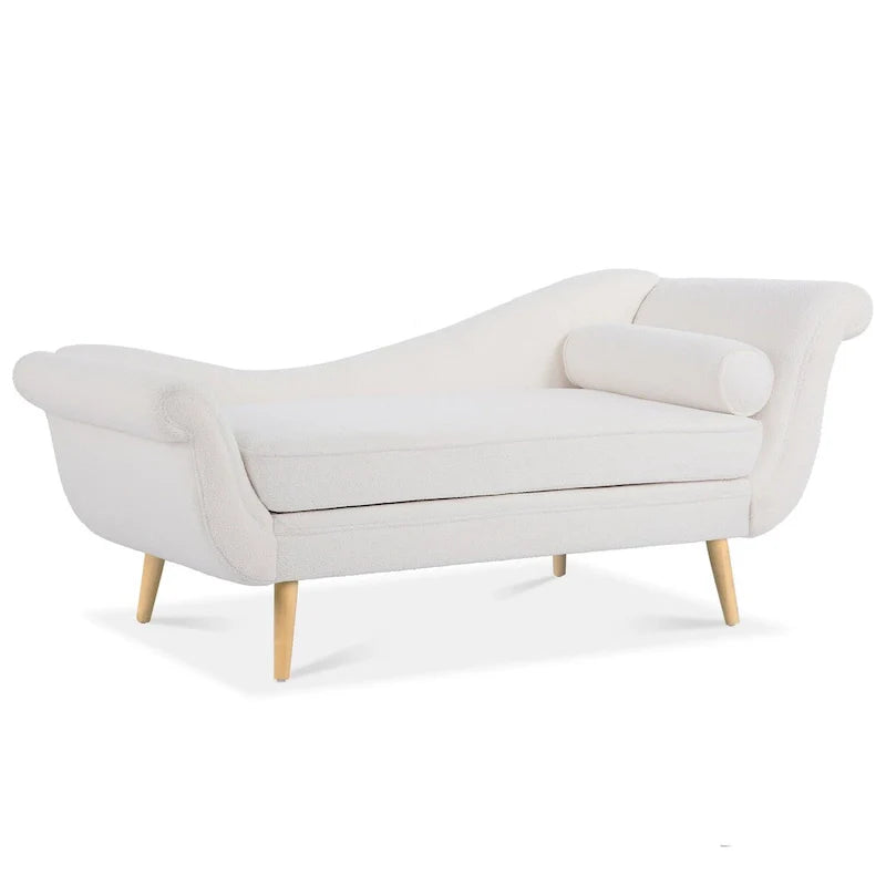 Upholstered Indoor Chaise Lounge Chair with Scroll Arms, Reclining Feature, Rolled Accent Pillow, and Sturdy Solid Wood Legs 21