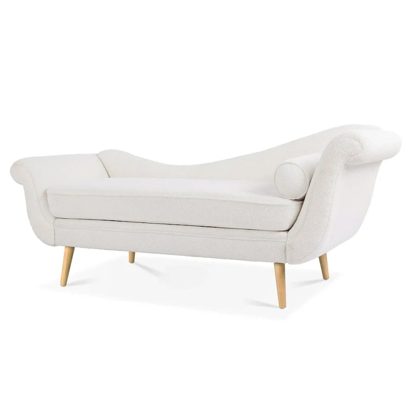 Upholstered Indoor Chaise Lounge Chair with Scroll Arms, Reclining Feature, Rolled Accent Pillow, and Sturdy Solid Wood Legs 22