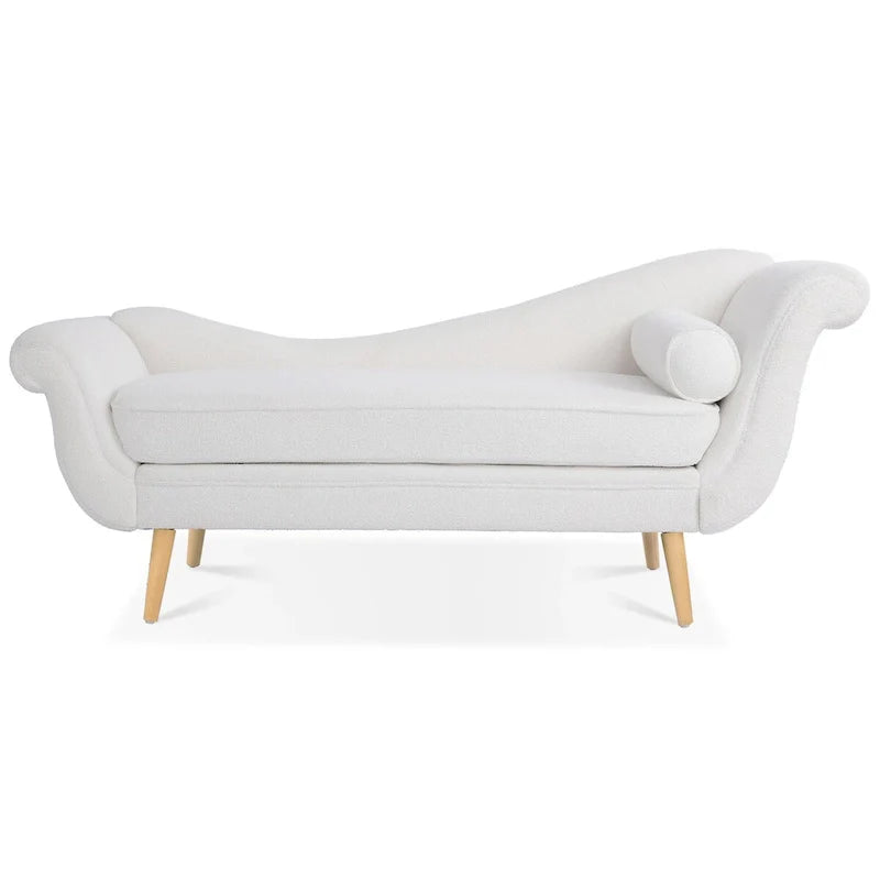 Upholstered Indoor Chaise Lounge Chair with Scroll Arms, Reclining Feature, Rolled Accent Pillow, and Sturdy Solid Wood Legs 23