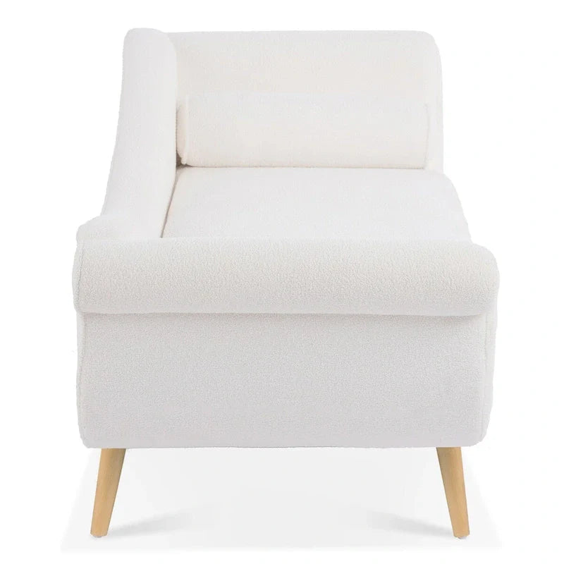 Upholstered Indoor Chaise Lounge Chair with Scroll Arms, Reclining Feature, Rolled Accent Pillow, and Sturdy Solid Wood Legs 26