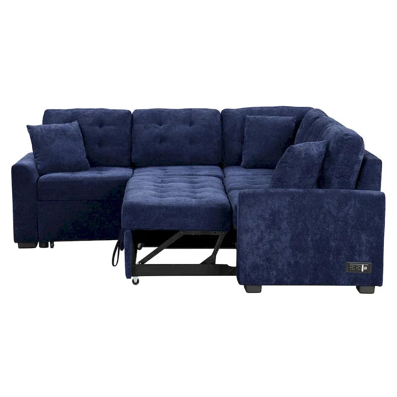 82.6-Inch L-Shaped Sleeper Sofa with Pull-Out Feature, Wheels, USB Ports, and Power Sockets - Dimensions: 82.6W x 82.6D x 33H 3