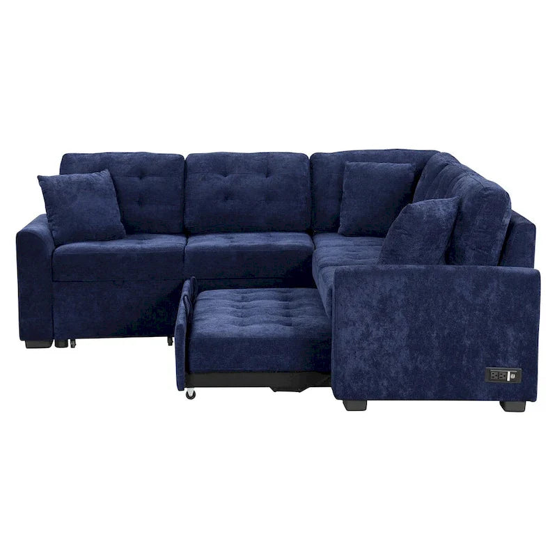 82.6-Inch L-Shaped Sleeper Sofa with Pull-Out Feature, Wheels, USB Ports, and Power Sockets - Dimensions: 82.6W x 82.6D x 33H 4