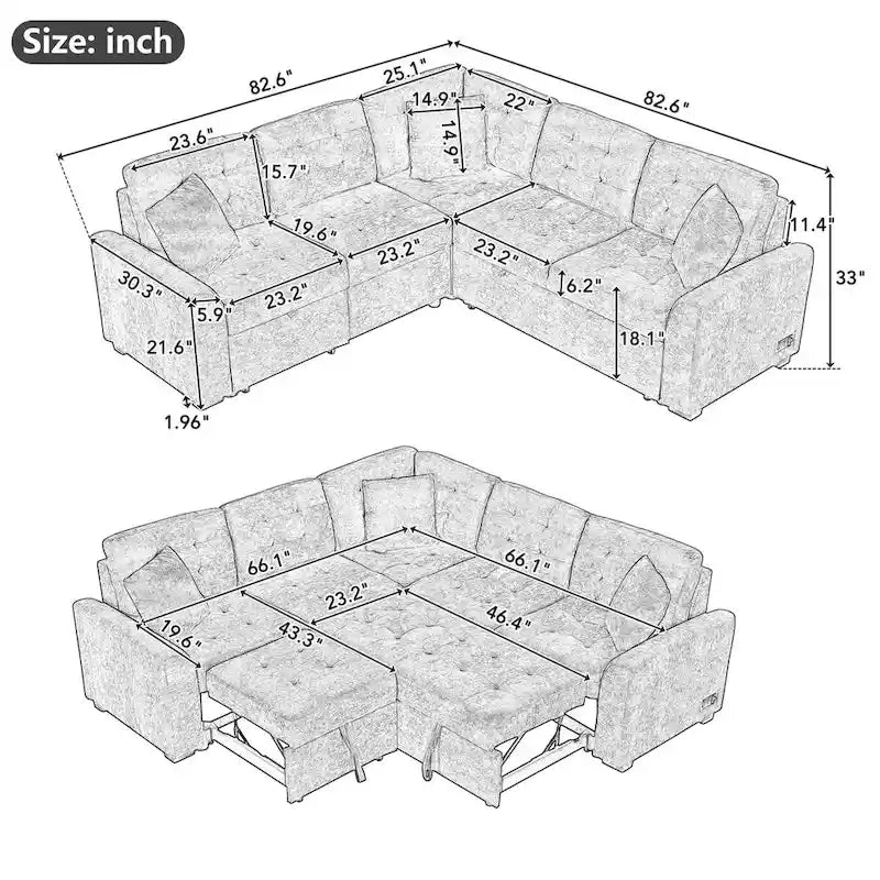 82.6-Inch L-Shaped Sleeper Sofa with Pull-Out Feature, Wheels, USB Ports, and Power Sockets - Dimensions: 82.6W x 82.6D x 33H 13