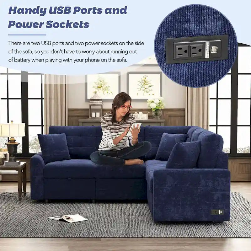 82.6-Inch L-Shaped Sleeper Sofa with Pull-Out Feature, Wheels, USB Ports, and Power Sockets - Dimensions: 82.6W x 82.6D x 33H 15