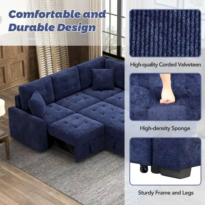 82.6-Inch L-Shaped Sleeper Sofa with Pull-Out Feature, Wheels, USB Ports, and Power Sockets - Dimensions: 82.6W x 82.6D x 33H 16