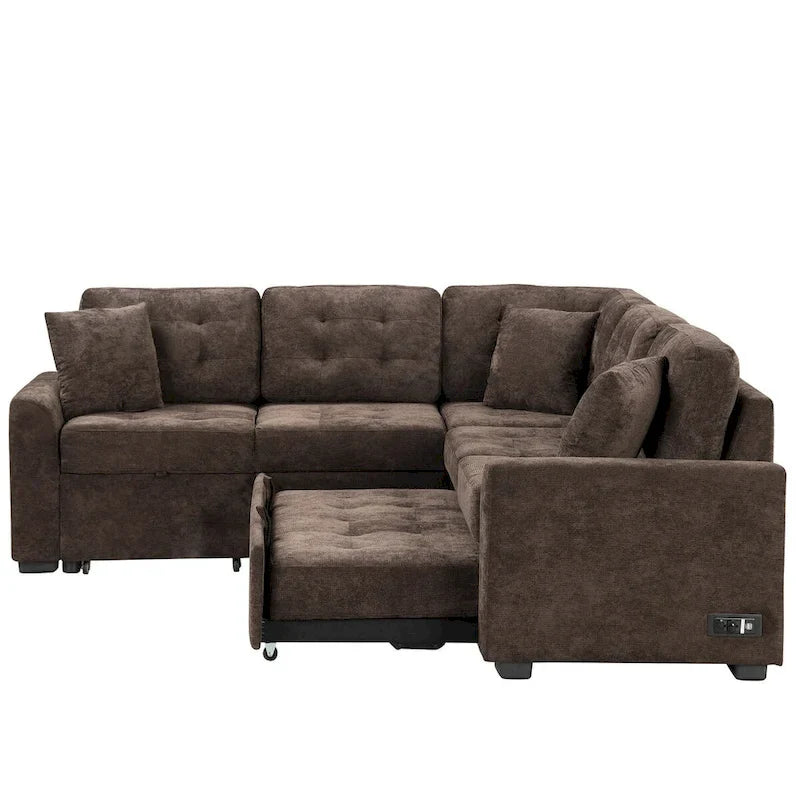 82.6-Inch L-Shaped Sleeper Sofa with Pull-Out Feature, Wheels, USB Ports, and Power Sockets - Dimensions: 82.6W x 82.6D x 33H 27