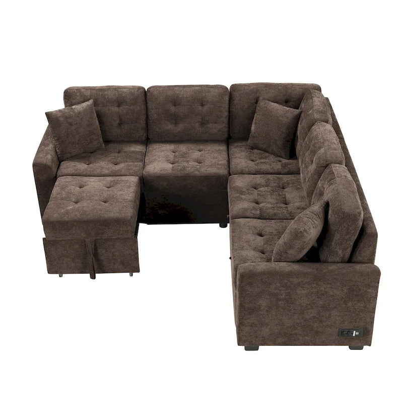82.6-Inch L-Shaped Sleeper Sofa with Pull-Out Feature, Wheels, USB Ports, and Power Sockets - Dimensions: 82.6W x 82.6D x 33H 28