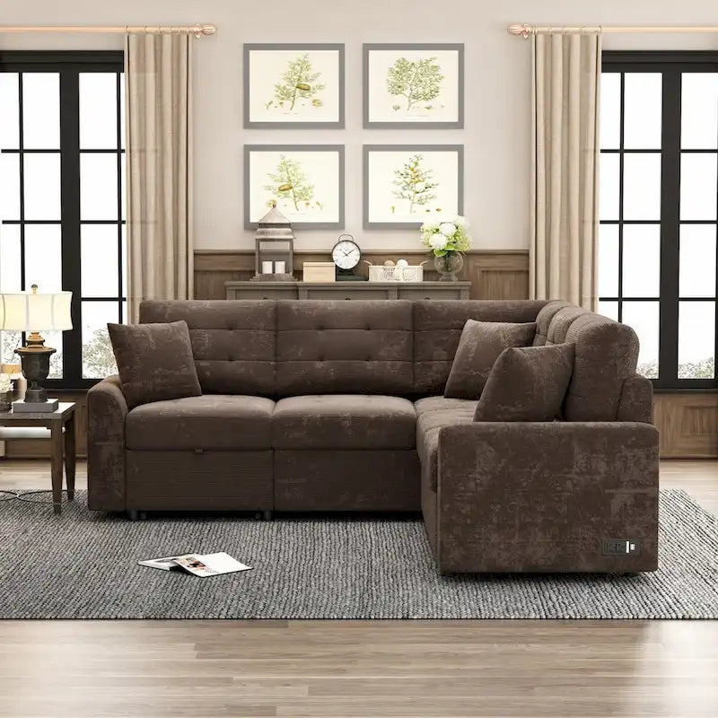 82.6-Inch L-Shaped Sleeper Sofa with Pull-Out Feature, Wheels, USB Ports, and Power Sockets - Dimensions: 82.6W x 82.6D x 33H 33