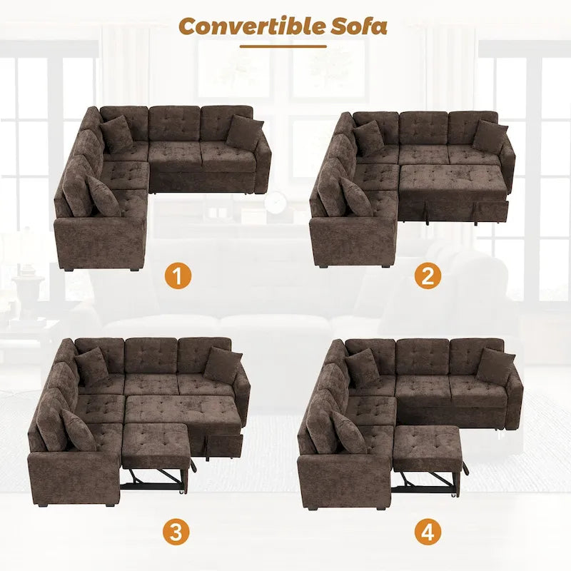 82.6-Inch L-Shaped Sleeper Sofa with Pull-Out Feature, Wheels, USB Ports, and Power Sockets - Dimensions: 82.6W x 82.6D x 33H 34