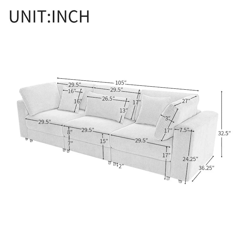 105-Inch Sofa with Cushions and Five Decorative Pillows 9