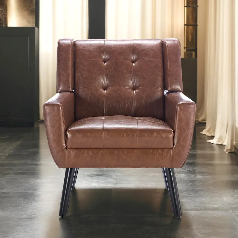 Contemporary Ergonomic Accent Chair in Soft Leather with Black Legs – Ideal for Living Room and Bedroom 35
