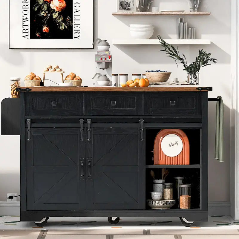 53.7-Inch Farmhouse Kitchen Island with Power Outlet, Featuring 2 Sliding Barn Doors and Drop Leaf Design 22