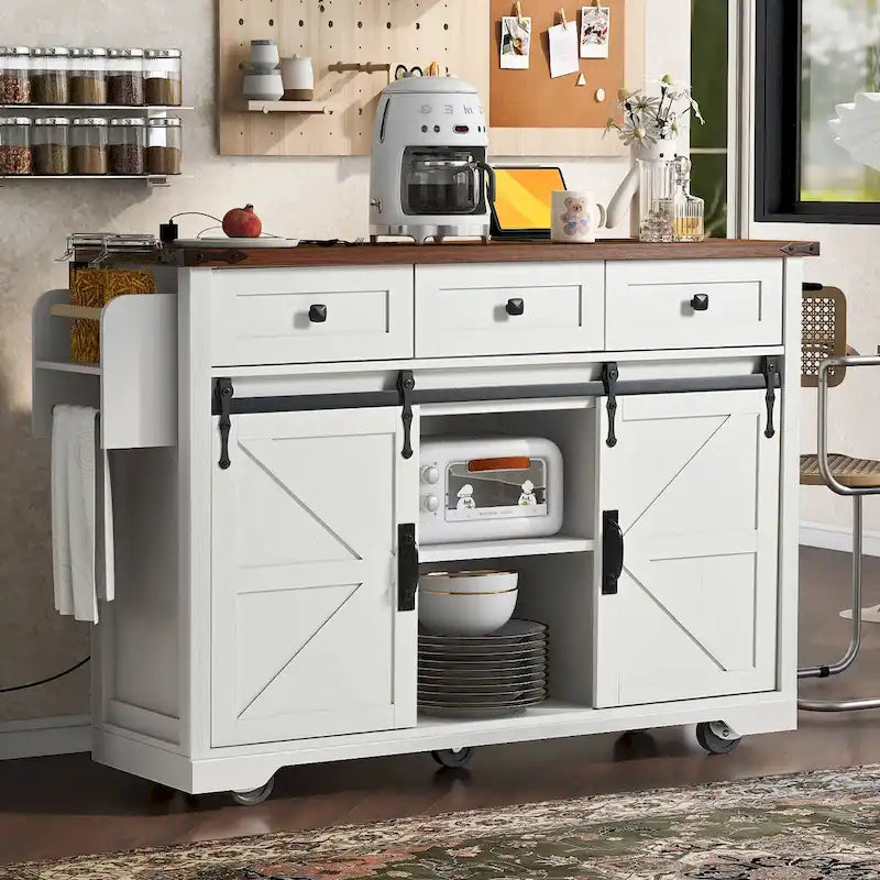 53.7-Inch Farmhouse Kitchen Island with Power Outlet, Featuring 2 Sliding Barn Doors and Drop Leaf Design 23