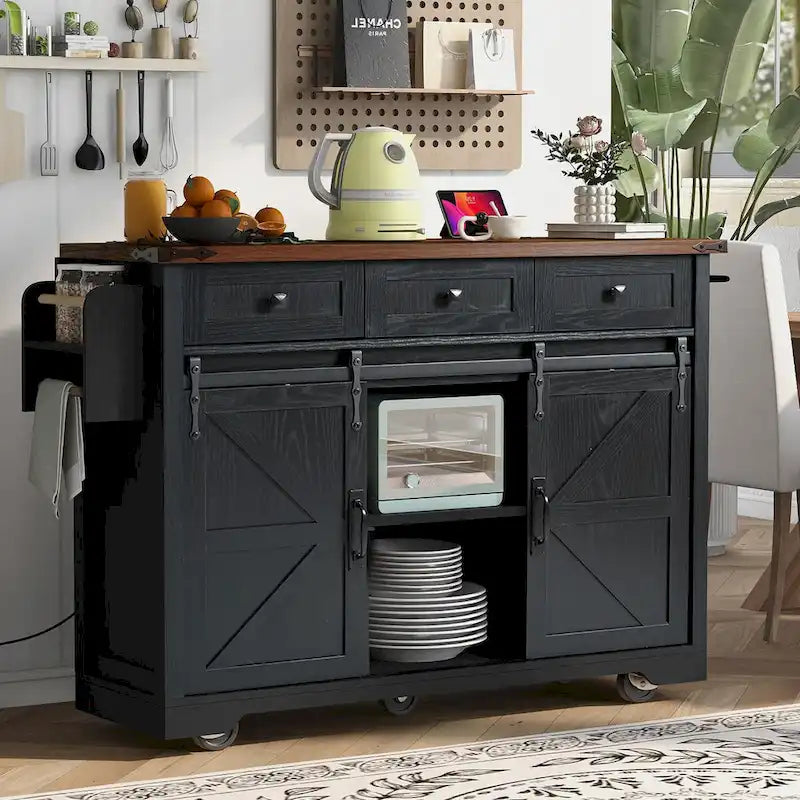 53.7-Inch Farmhouse Kitchen Island with Power Outlet, Featuring 2 Sliding Barn Doors and Drop Leaf Design 1